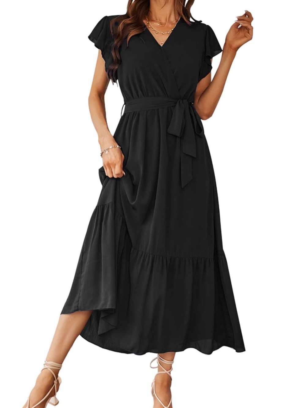 PRETTYGARDEN Women's Black Boho Wrap Maxi Ruffle Hem A-Line Maxi Medium